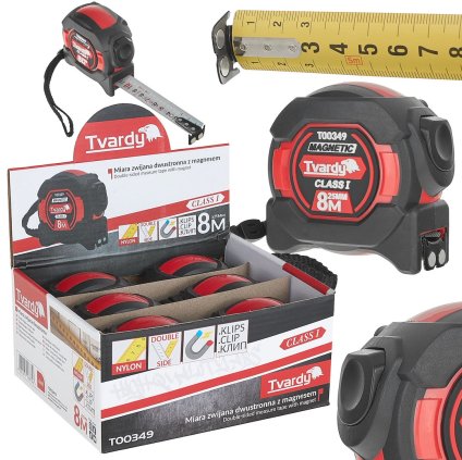 57093 dvoustranny nylonovy svinovaci metr s magnetem a samocinnou aretaci 8 m 25 mm trida i kartonova vystavovaci krabice 6 60