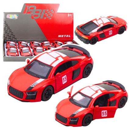 Kovový Červený Sportovní Vůz s Pohonem Pull Back a Světly, Měřítko 1:43