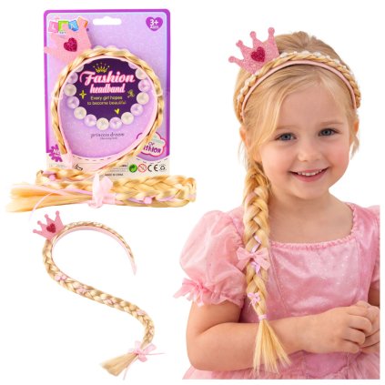 Princeznovská Korunka z Dlouhým Blonďatým Copem a Růžovou Stuhou - 50 cm
