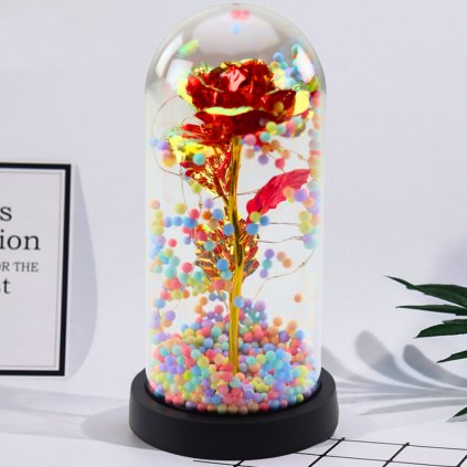Věčná Růže ve Skleněné Kupuli s LED Osvětlením a Barevnými Korálky Červená 21x11cm