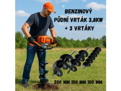 Benzinový půdní vrták 3,8Kw + 3 vrtáky (10,15,20)