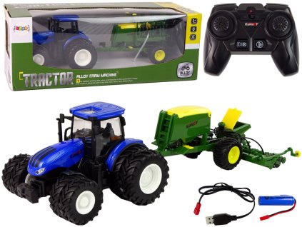 Dálkově ovládaný RC traktor 1:24 s balíkovačem Modrý