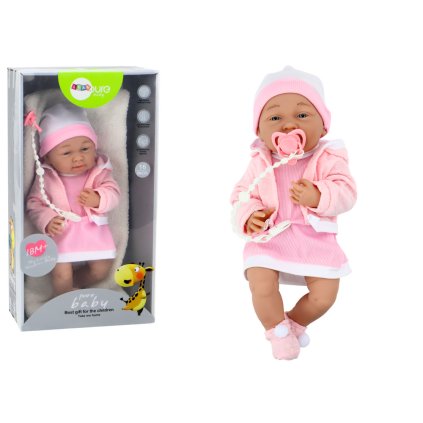Dětská panenka s dudlíkem růžové šatičky čepička dečka doplňky 35 cm