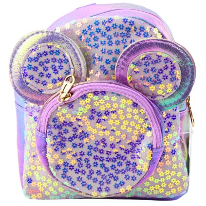 Dětský Batoh S Flitry Myška Uši Fialový 22cm 3L