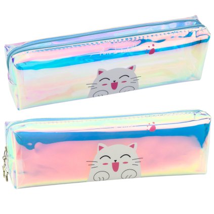 Dětský školní penál holografický s kočkou modrý 21x6 cm