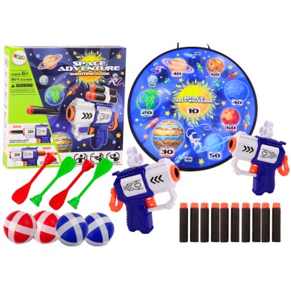 Dovednostní hra: Kosmická deska, pistole, šipky, kuličky