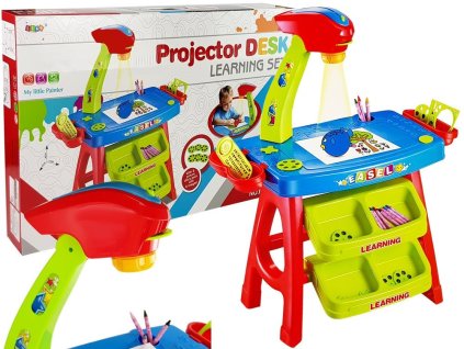Edukativní Stoleček se Zásuvkami a Projektorem 36 Obrázků Pastelky Šablony Modro Červený
