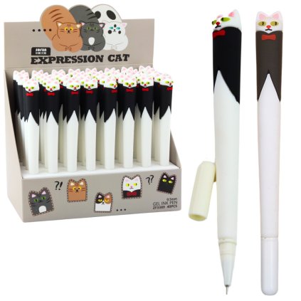 Gelové Pero Kočka s Motýlkem Modrý Inkoust Víčko Černobílé 16,5cm