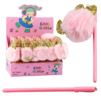 Gelové Pero S Růžovým Pompomem Modrý Inkoust 17cm 0.5mm