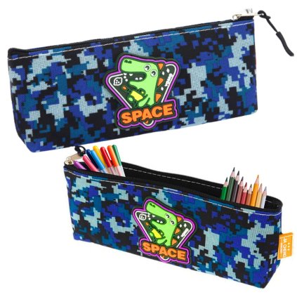 Kosmický dinosaurus penál s pixelovým vzorem - modrý, 20x8 cm