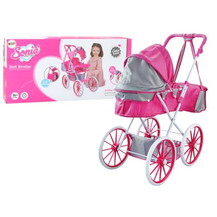 Kovový Kočárek pro Panenky s Velkými Koly a Taškou Růžový