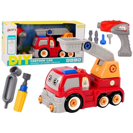 Kreslený DIY nákladní vůz s jeřábem k rozmontování Červený