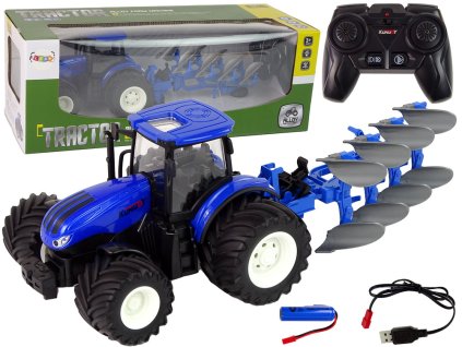 Modrá Kovová Dálkově Ovládaná Zemědělská Souprava 1:24 Traktor s Pluhem