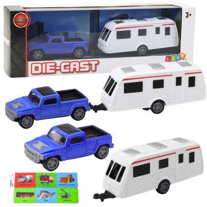 Sada Kovový Auto s Modrým Kempingovým Přívěsem