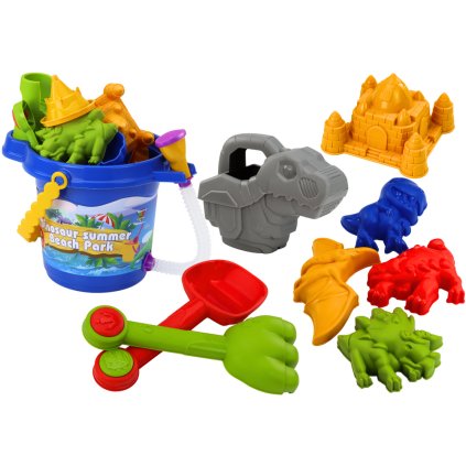 Sada na písek Kbelík se Sprchou Lopata Hrábě Formičky Dinosauři