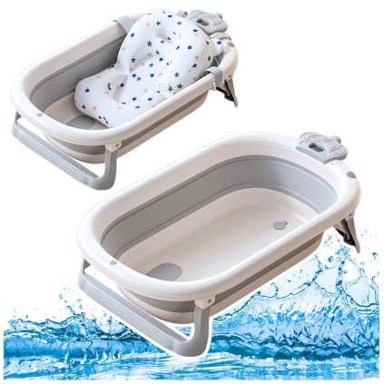 Skládací Dětská Vanička s Teploměrem a Hvězdicovou Podložkou Šedá