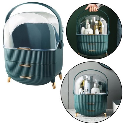 Transparentní organizér na kosmetiku se dvěma zásuvkami a otevíracími dveřmi - zelený