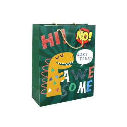 Zelená Dárková Papírová Taška s Dinosaurem 32cm x 26cm x 10cm