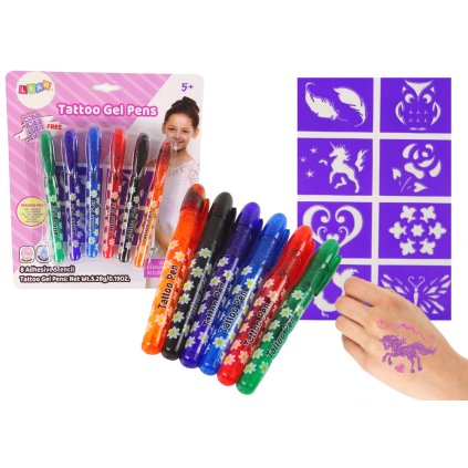 Gelová Tetovací Pera - 6 Třpytivých Kusů + Šablony