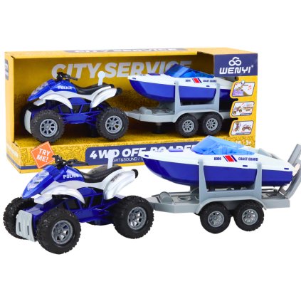 Policejní čtyřkolka s přívěsem pro převoz lodě a motorového člunu