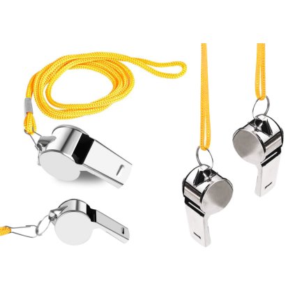 Pískací Kovová Píšťalka s Kuličkou na Žluté Šňůrce 40cm