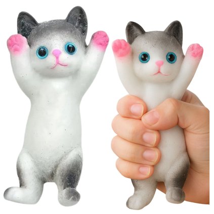 Antistresová hračka Kočka Bílá-Šedá, Silikonová smyslová relaxace, 13x6,5 cm