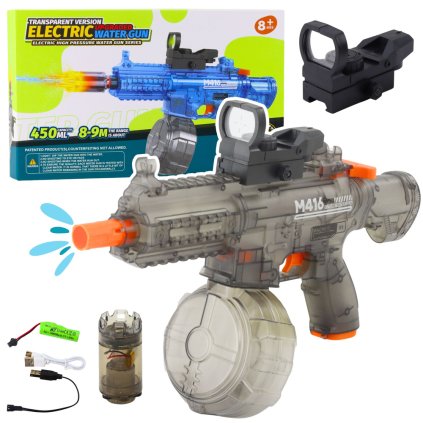 Elektrická Vodní Pistol M416 s LED Zaměřovačem, Kapacita 450 ml, Dosah 10m