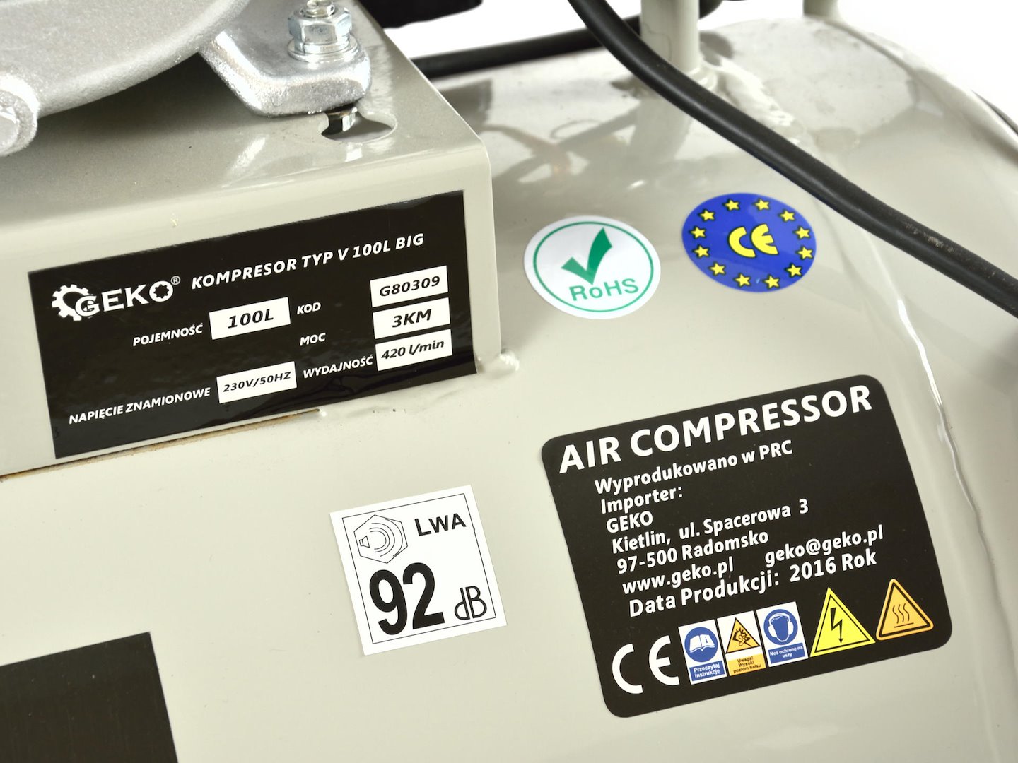 Kompresor typ V 100 l Big Geko – pohled z boku