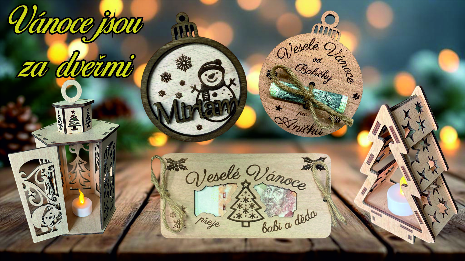 Vánoční produkty, dřevěné dekorace, dárky ze dřeva, kartička na peníze