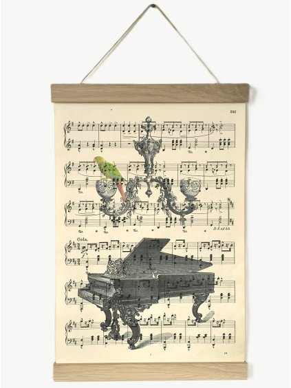 Tisk na starém notovém papíře KLAVÍR A PAPOUŠEK