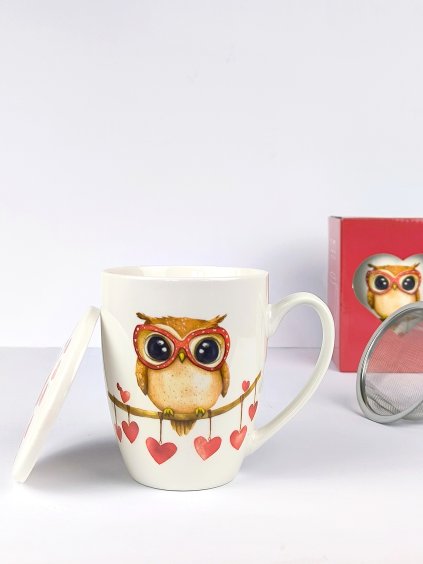 Hrnek s víčkem a kovovým sítkem SOVIČKA