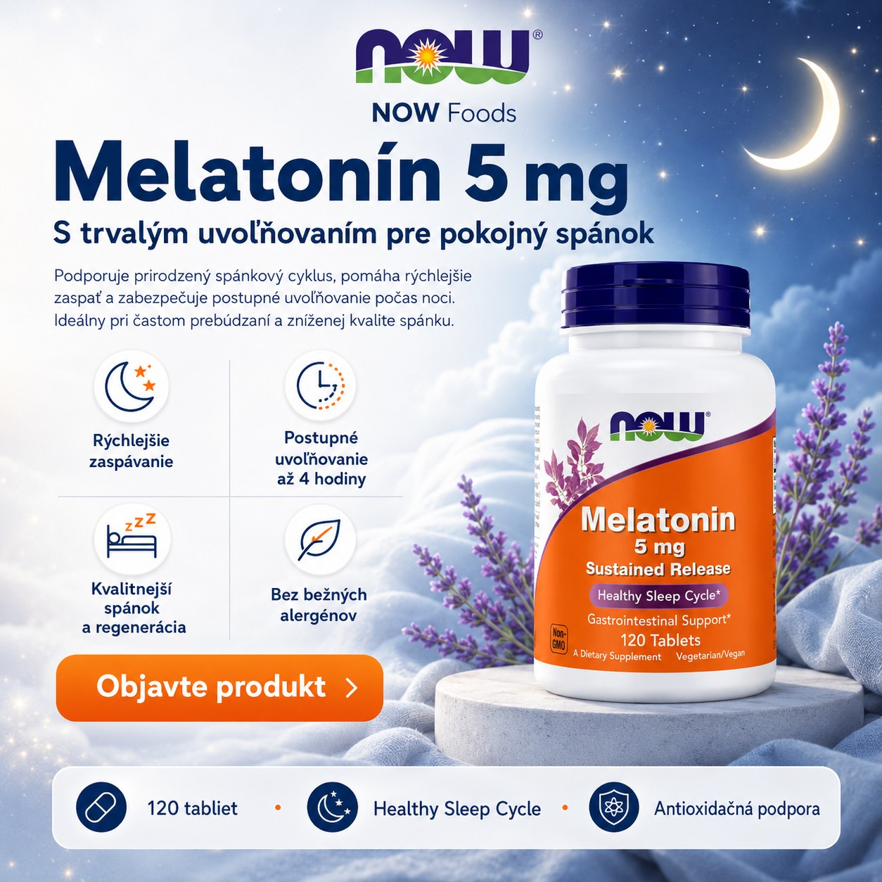 Now Foods Melatonín 5 mg s trvalým uvoľňovaním 120 tableta