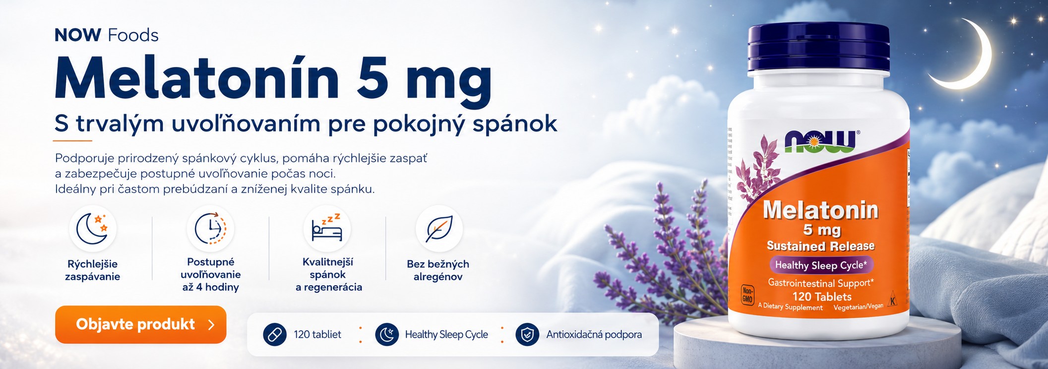 Now Foods Melatonín 5 mg s trvalým uvoľňovaním 120 tableta