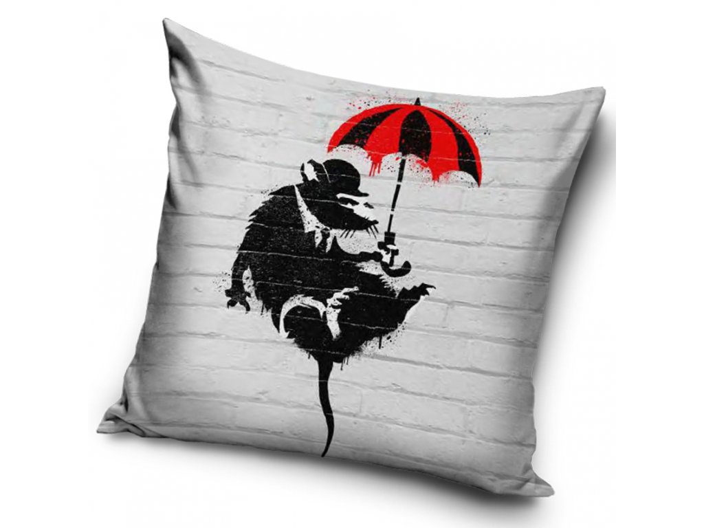 Dekorační polštářek Banksy Krysa s deštníkem