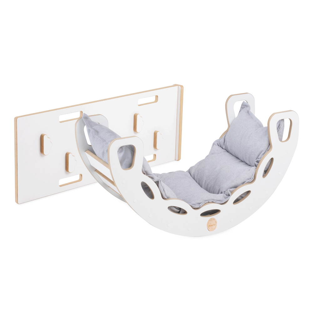 PLUSH NEST Fa hinta Mini 4 az 1-ben mászófallal, csúszdával és párnával (világosszürke / fehér)