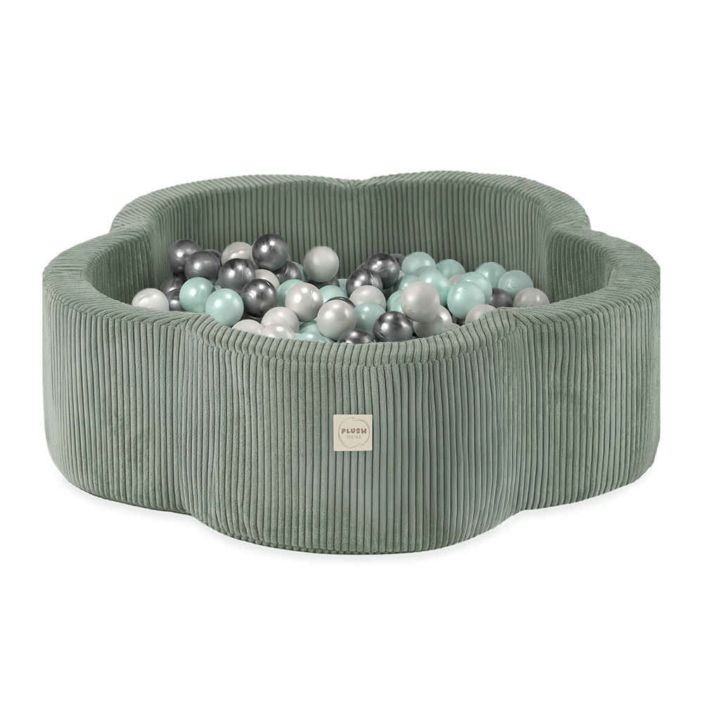 PLUSH NEST Virágzóna száraz medence 95 × 30 cm, zöld, prémium minőségű kordbársony, 300 labdával
