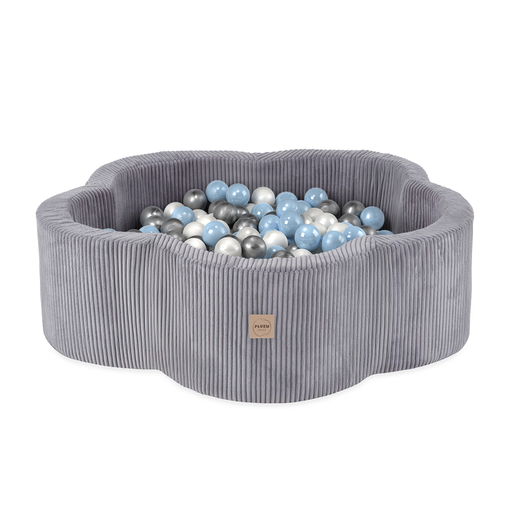 PLUSH NEST Száraz virágzóna medence 95 × 30 cm prémium szürke kordbársony és 300 labda