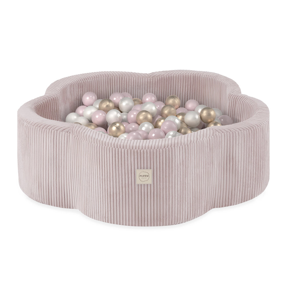 PLUSH NEST Száraz virágzóna medence 95 × 30 cm, prémium világos rózsaszín kordbársony, 300 labdával