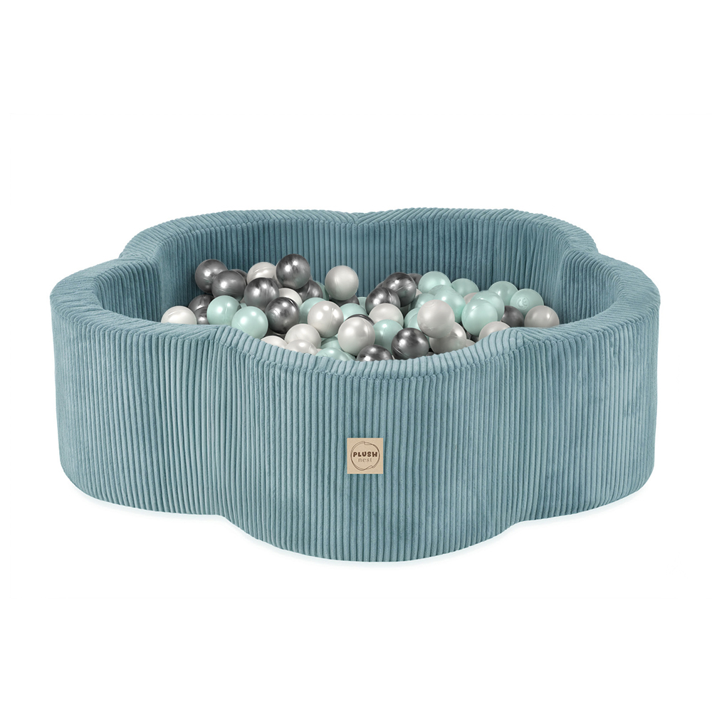 PLUSH NEST Virágzóna száraz medence 95 × 30 cm, kék prémium bársony, 300 labdával