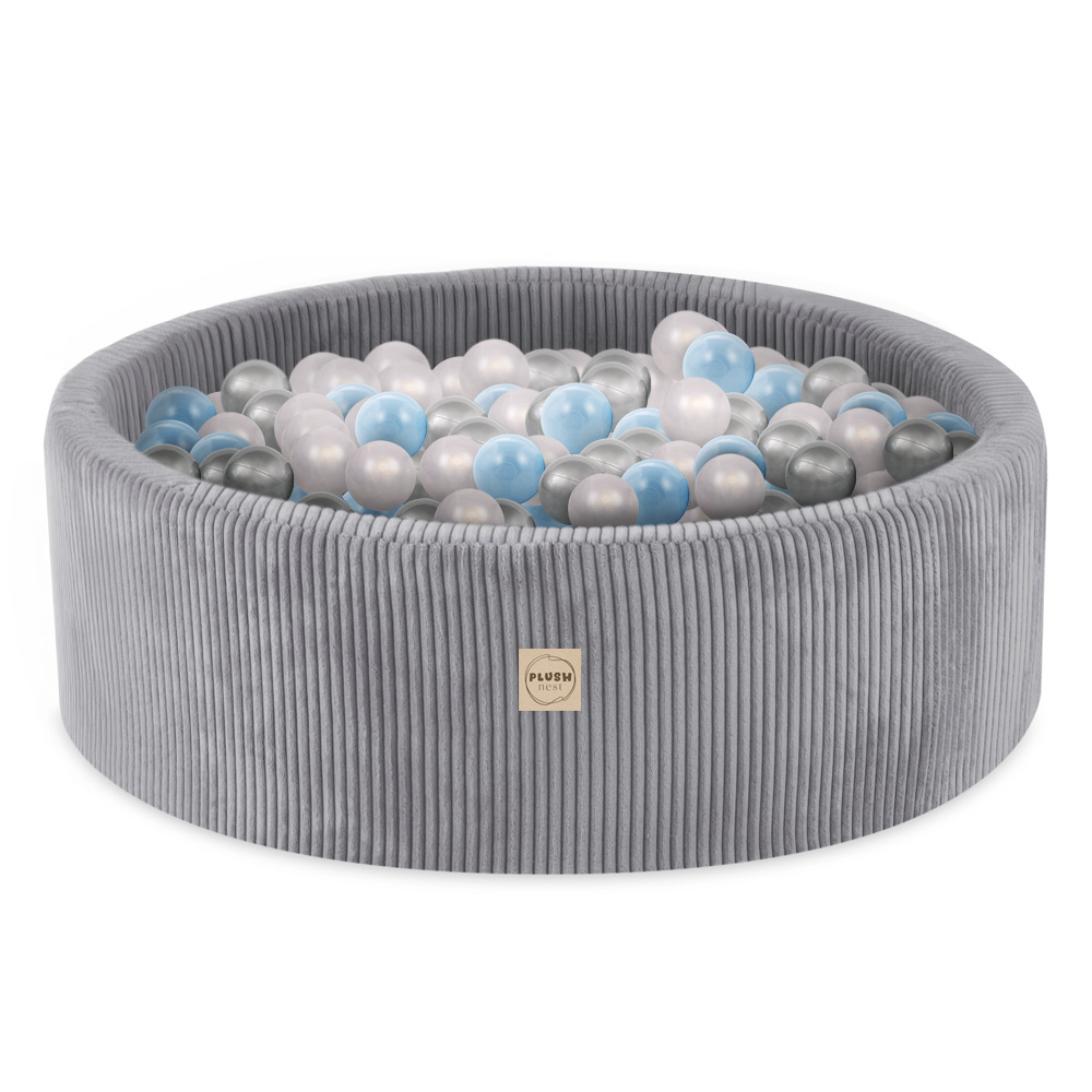 PLUSH NEST Játszókészlet medencével (3 elem + medence Ø 90 × 30 cm) 200 labdával szürke