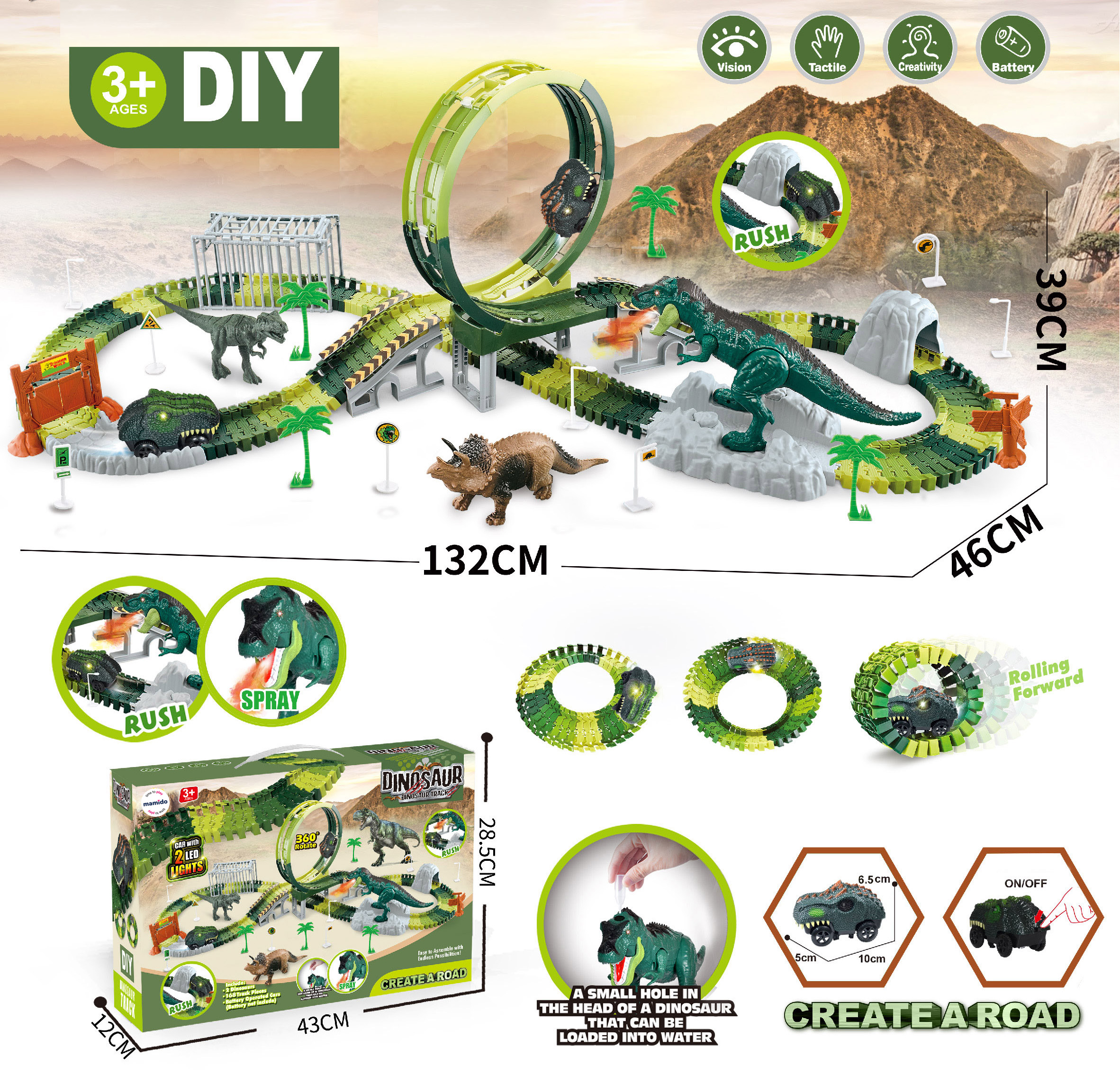 Mamido Versenyautópálya Dinoszaurusz világ 168 darab, 360°, LED kisautó