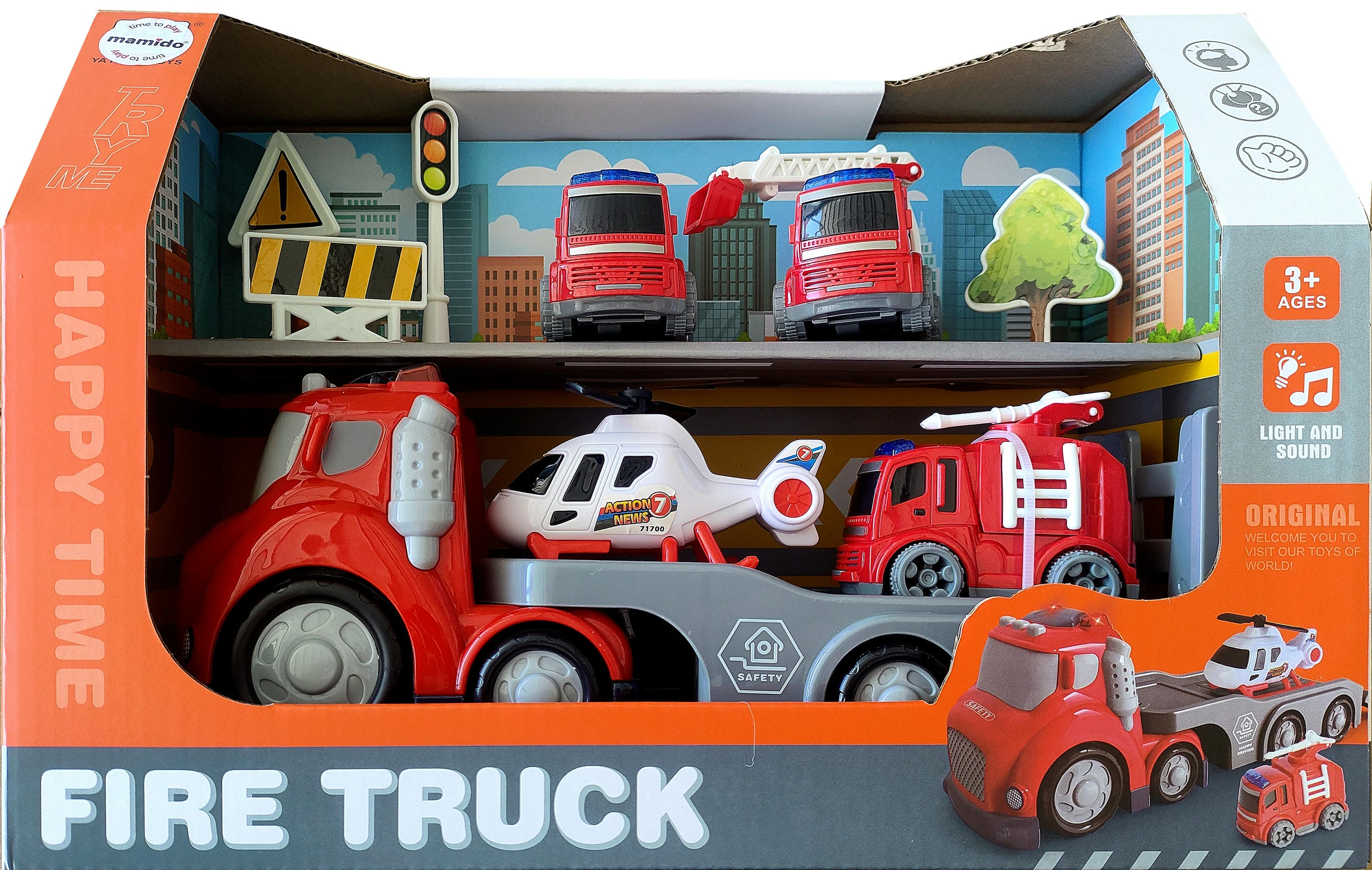 Mamido Tűzoltóautó utánfutóval kicsiknek fényekkel és hangokkal Fire Truck Transport