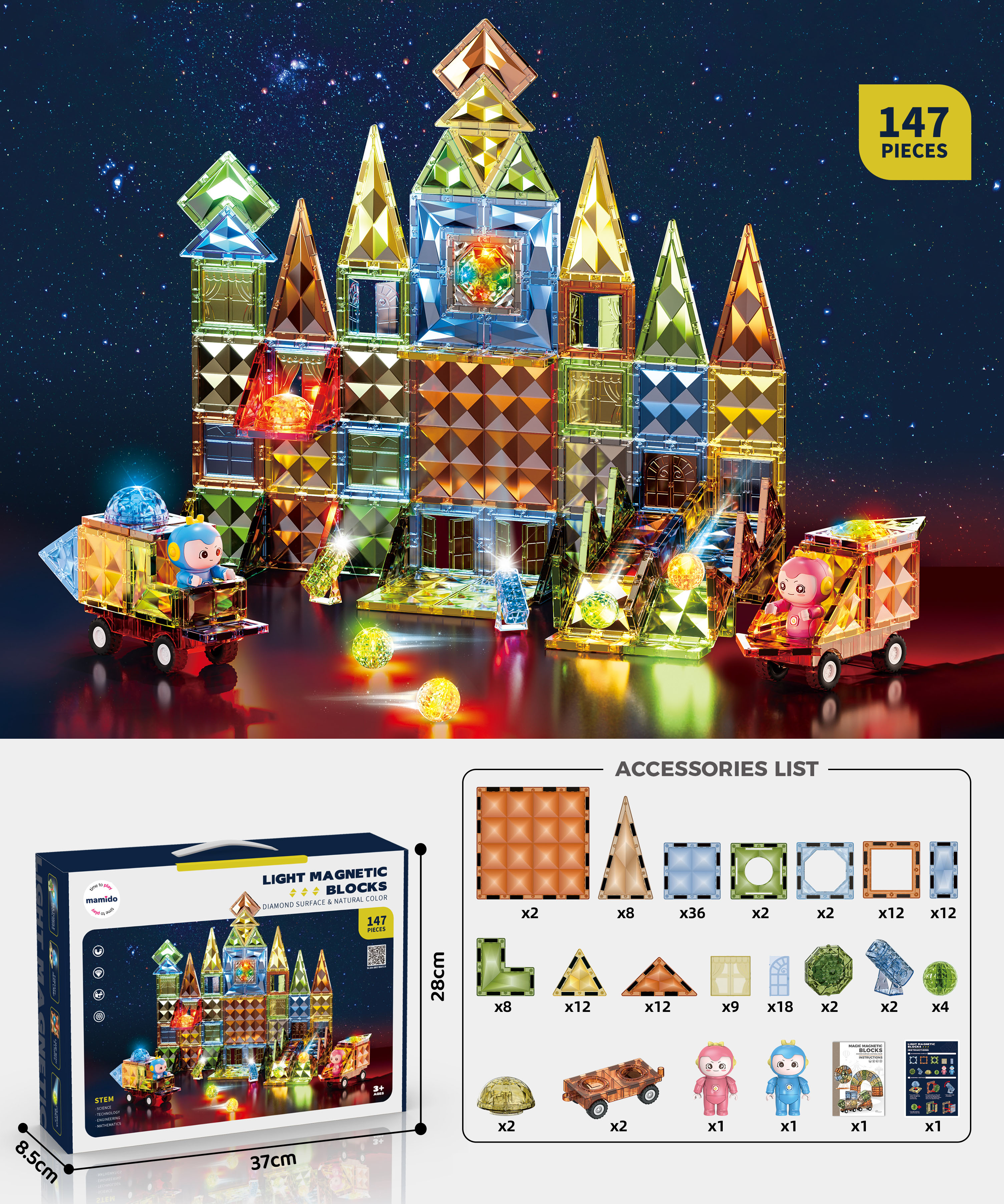 Mamido Mágneses világító építőkocka 147 részes Crystal Max
