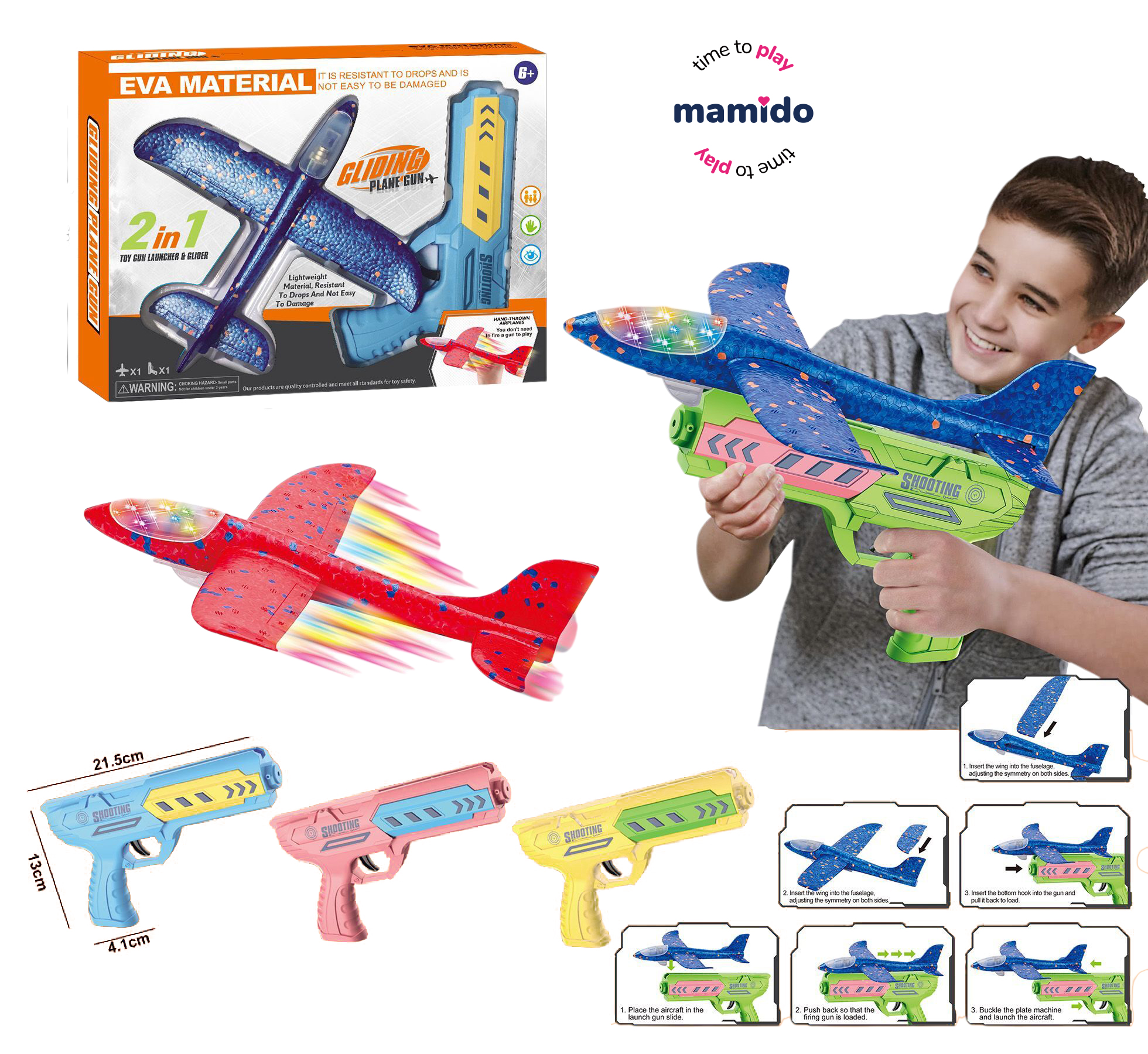 Mamido Pisztoly repülővel 2 az 1-ben, EVA hab, világító effektek MT1314