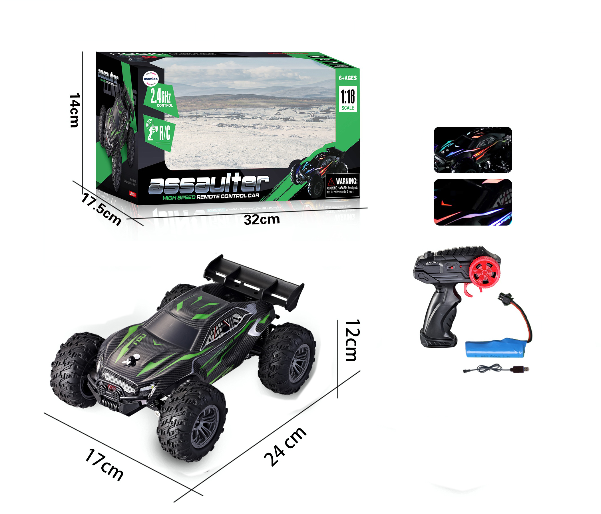 Mamido Távirányítós RC terepjáró autó 1:18 LED fénnyel 2,4 GHz zöld