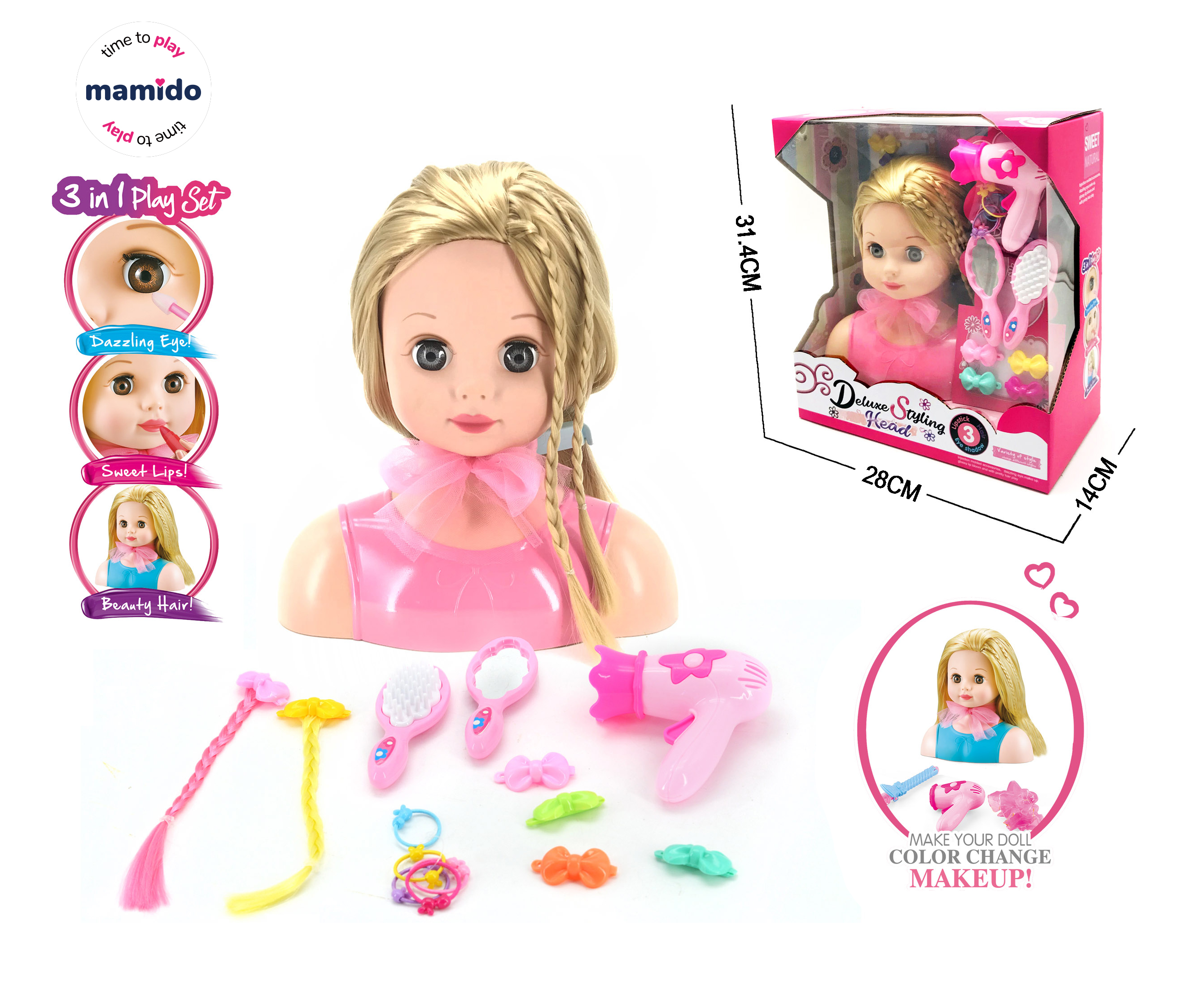 Mamido Fésülhető babafej kiegészítőkkel és sminkkel rózsaszín Szőke MT1250