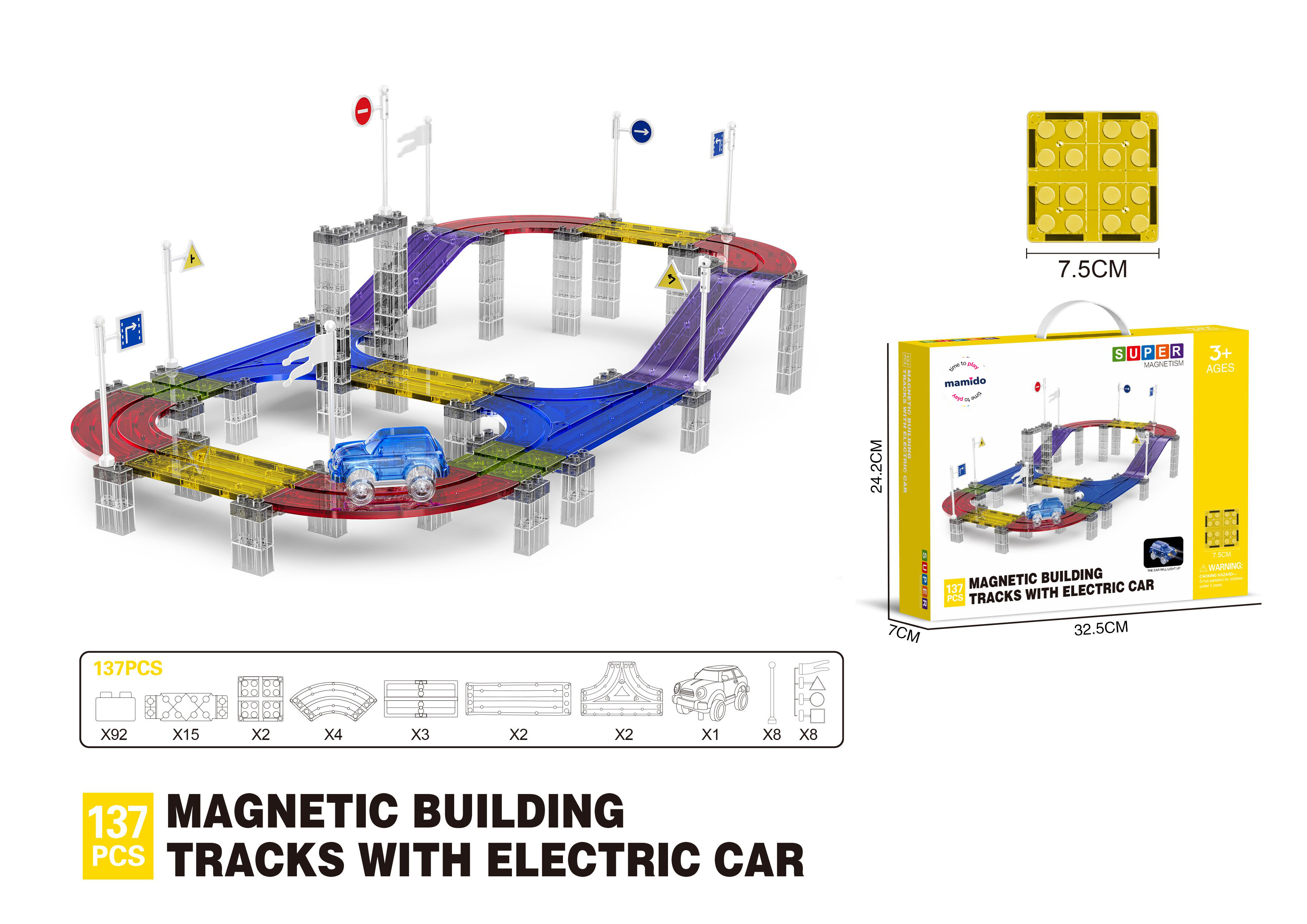 Mamido Mágneses építőkészlet versenyautós pálya elektromos kisautóval 137 darab MT1465