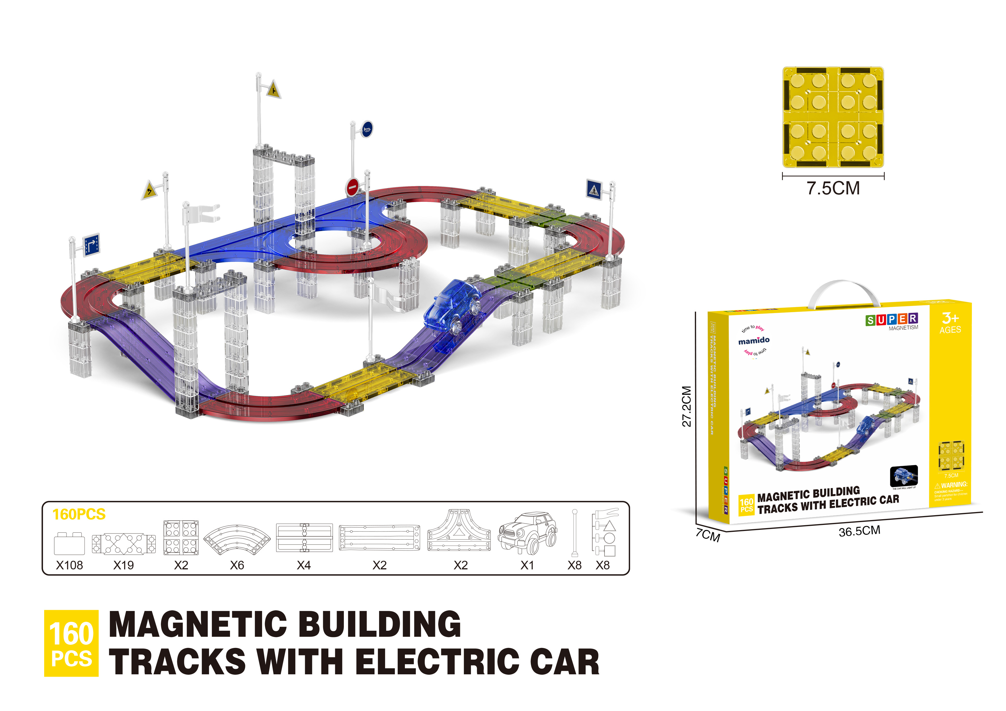 Mamido Mágneses építőkészlet versenyautós pálya elektromos kisautóval 160 darab L MT1471