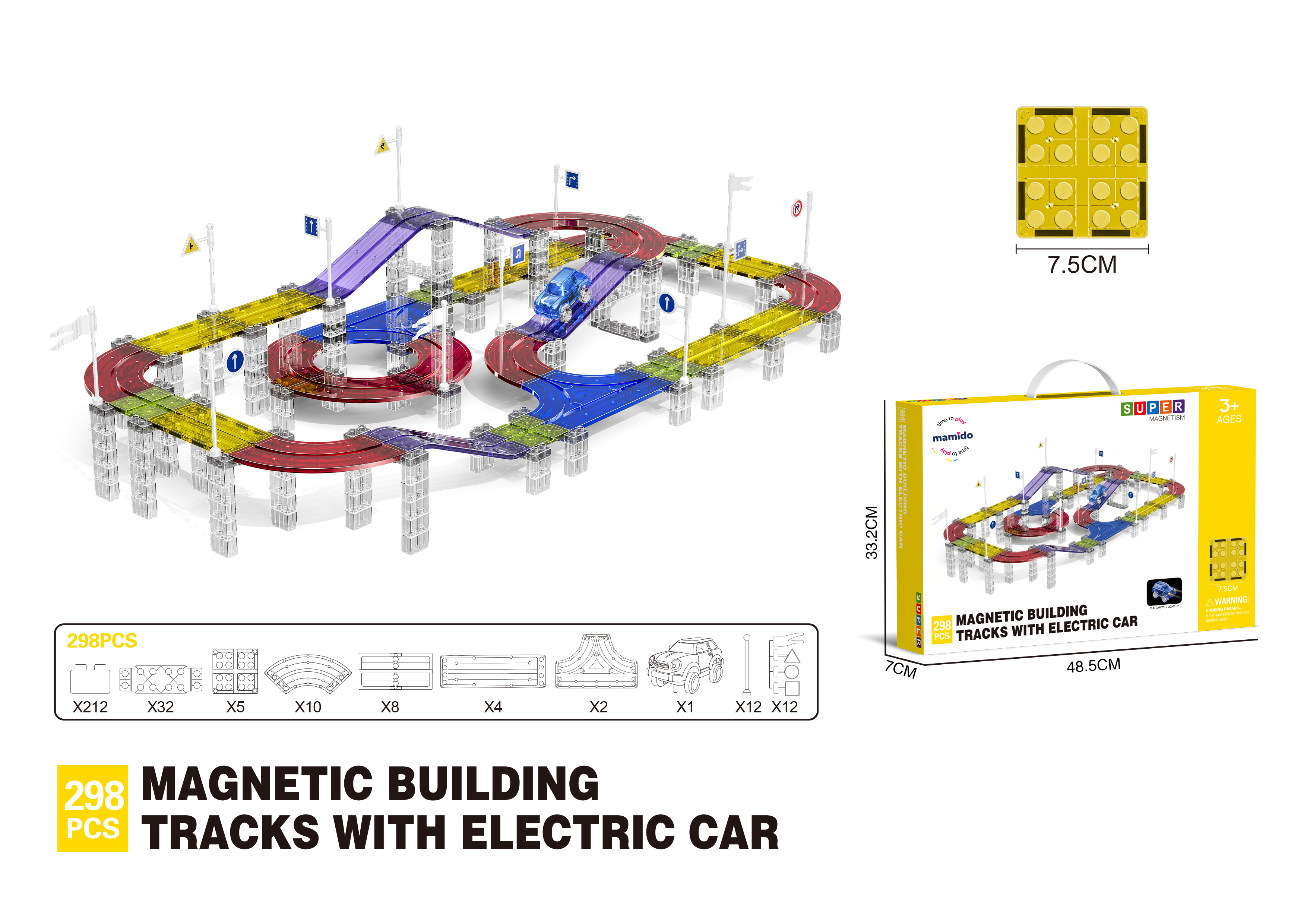 Mamido Mágneses építőkészlet versenyautó pálya elektromos kisautóval 298 darab Ultra XXL MT1474