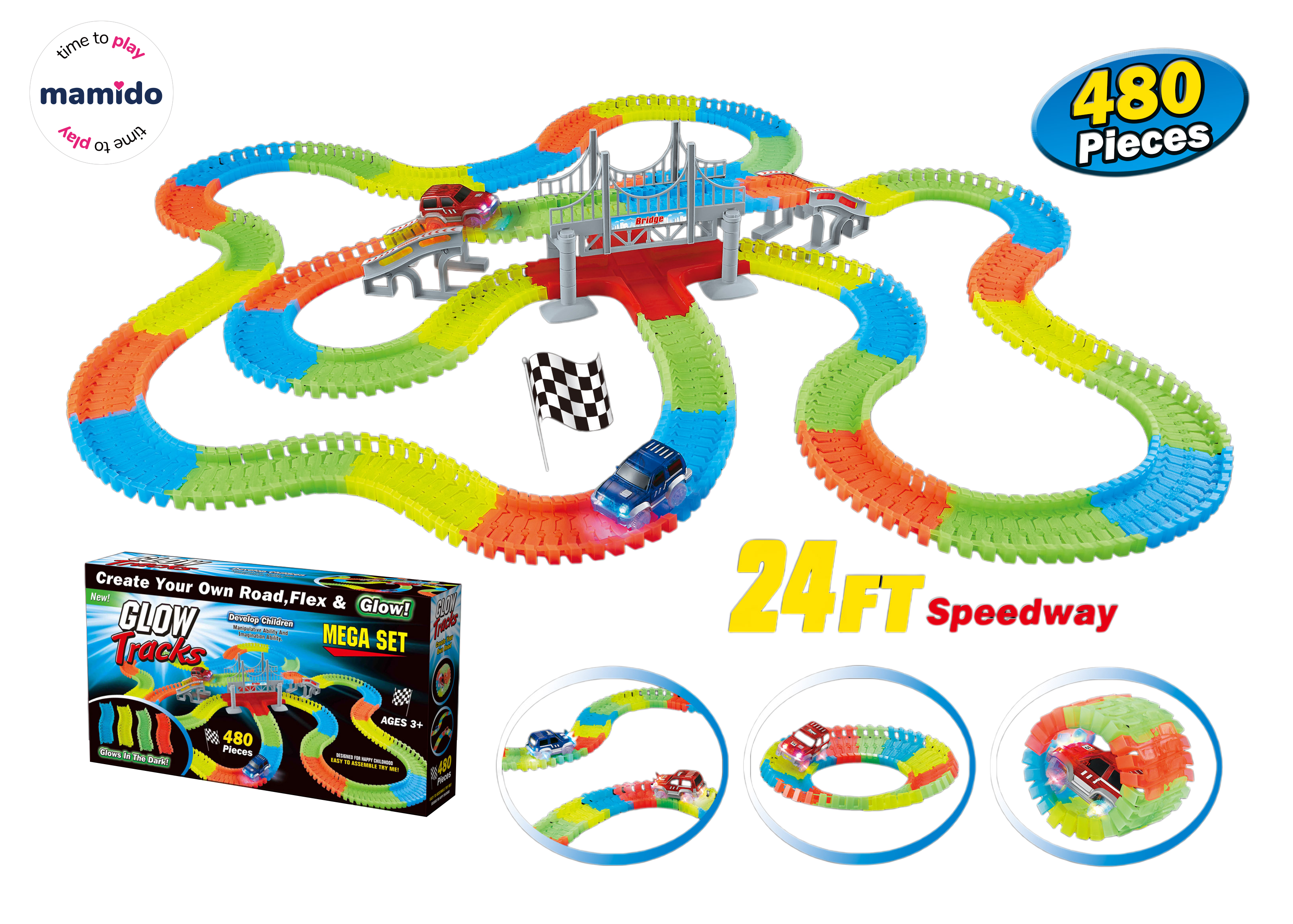 Mamido Világító autópálya Glow Tracks 480 darab, 730 cm